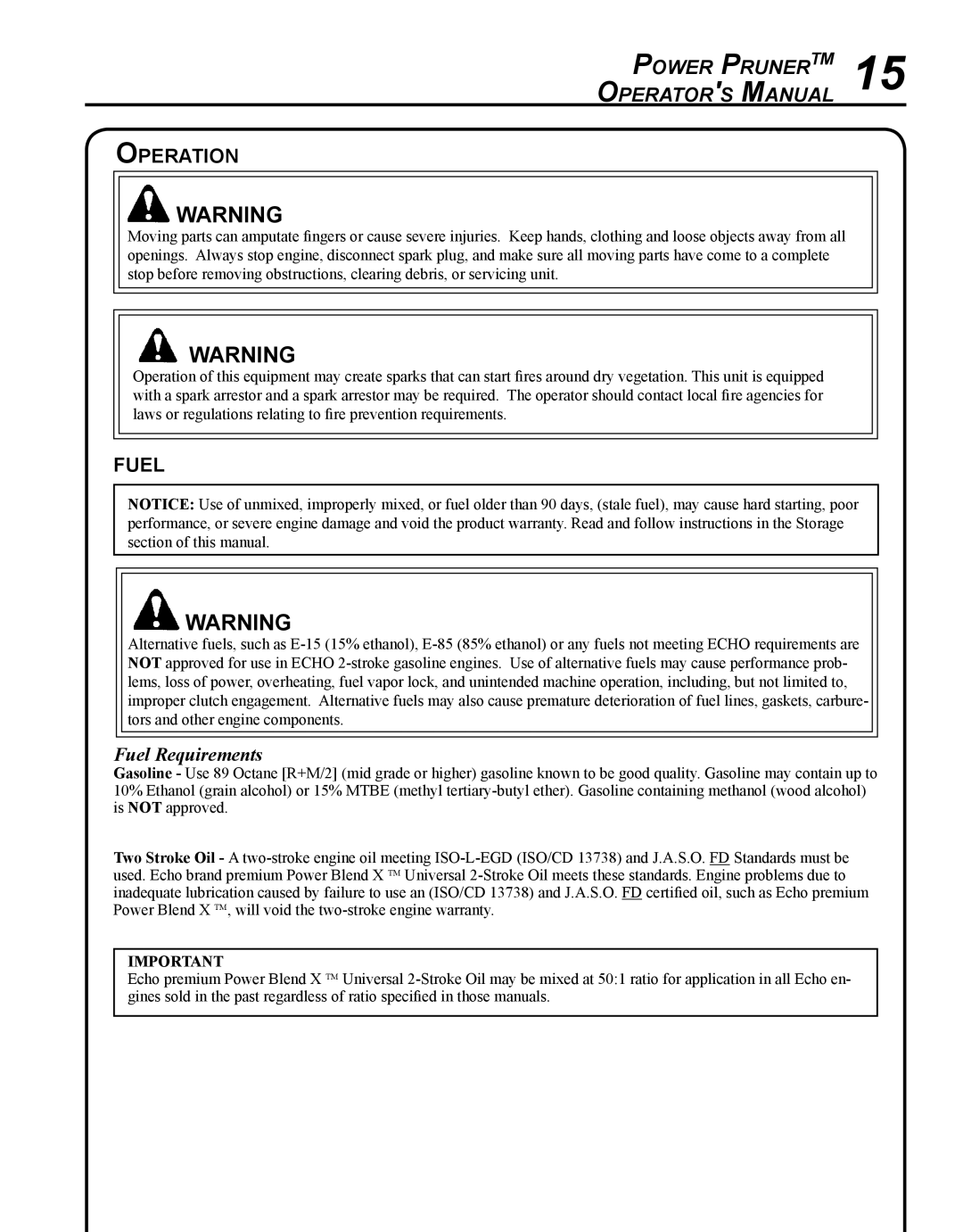 Echo PPF-280 manual Operation, Fuel Requirements 