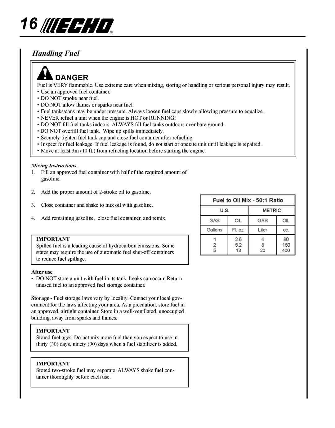 Echo PPF-280 manual Handling Fuel 