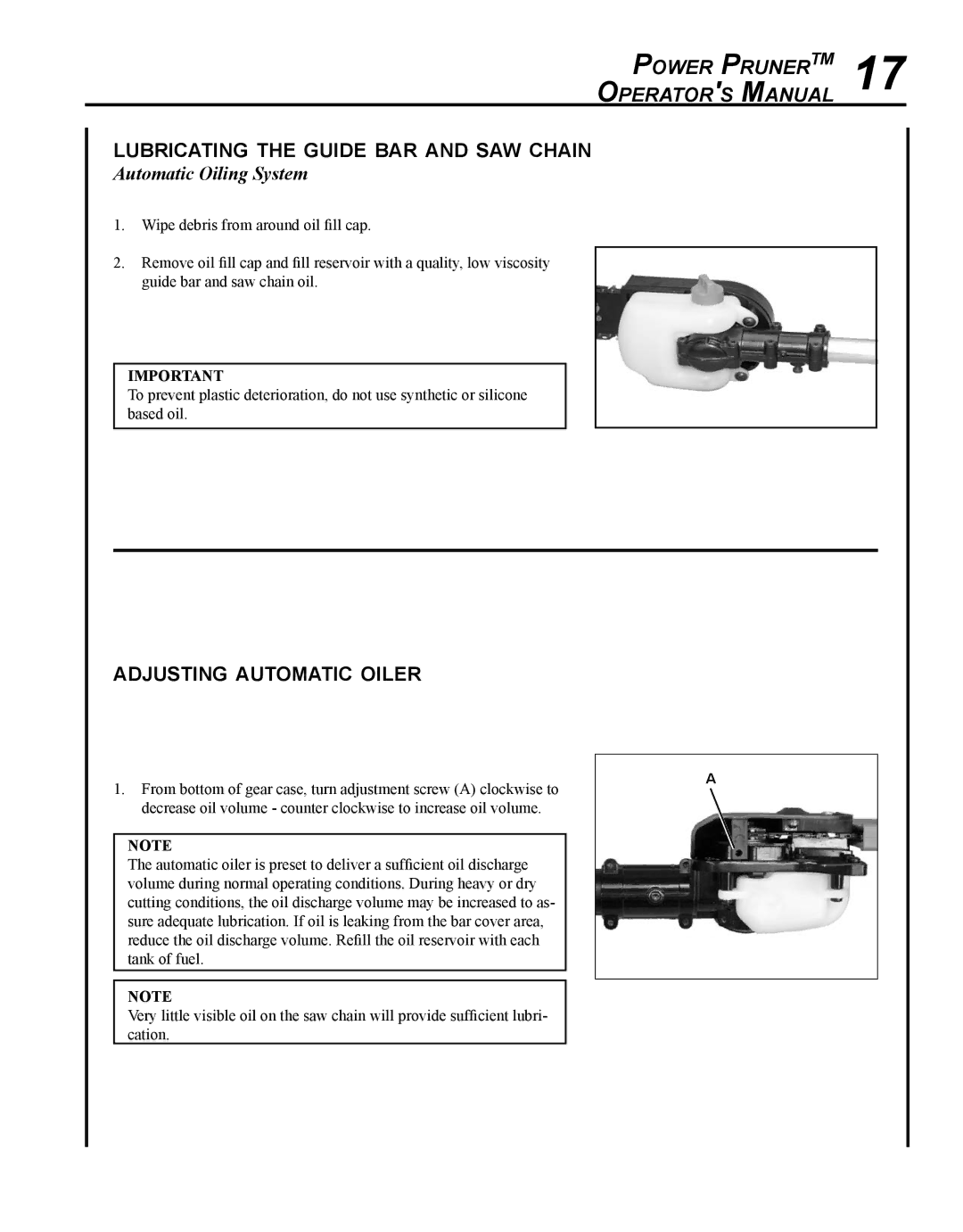 Echo PPF-280 manual Lubricating the guide bar and saw chain, Adjusting automatic oiler, Automatic Oiling System 