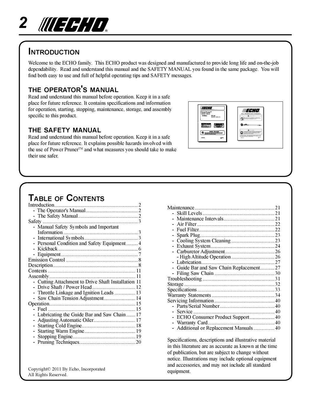 Echo PPF-280 Introduction, Operators manual, Safety manual, Table of Contents 