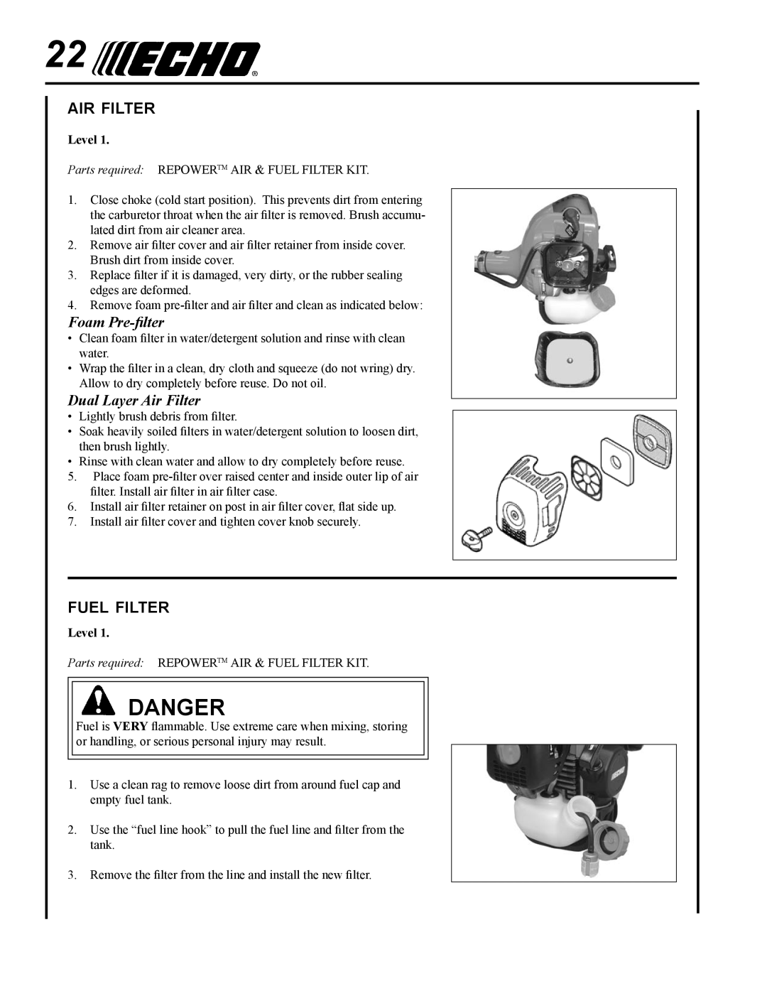 Echo PPF-280 manual Air filter, Fuel filter, Foam Pre-filter, Dual Layer Air Filter 