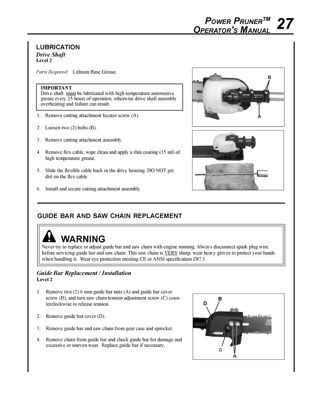 Echo PPF-280 manual Power PrunerTM 27 Operators Manual, Lubrication, Guide bar and saw chain replacement, Drive Shaft 