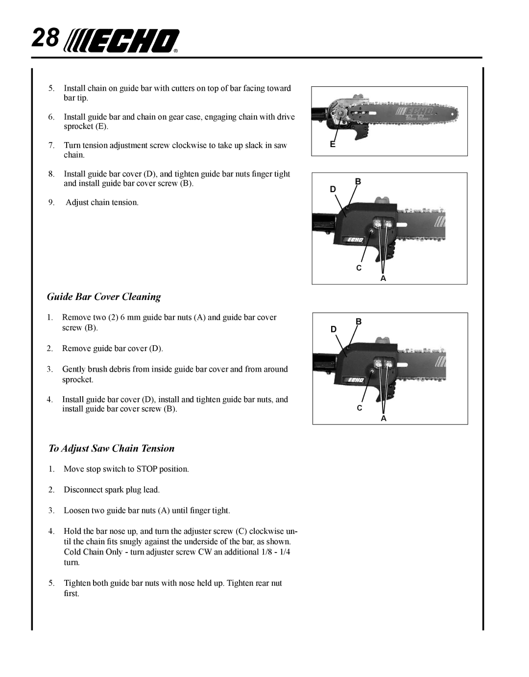 Echo PPF-280 manual Guide Bar Cover Cleaning, To Adjust Saw Chain Tension 