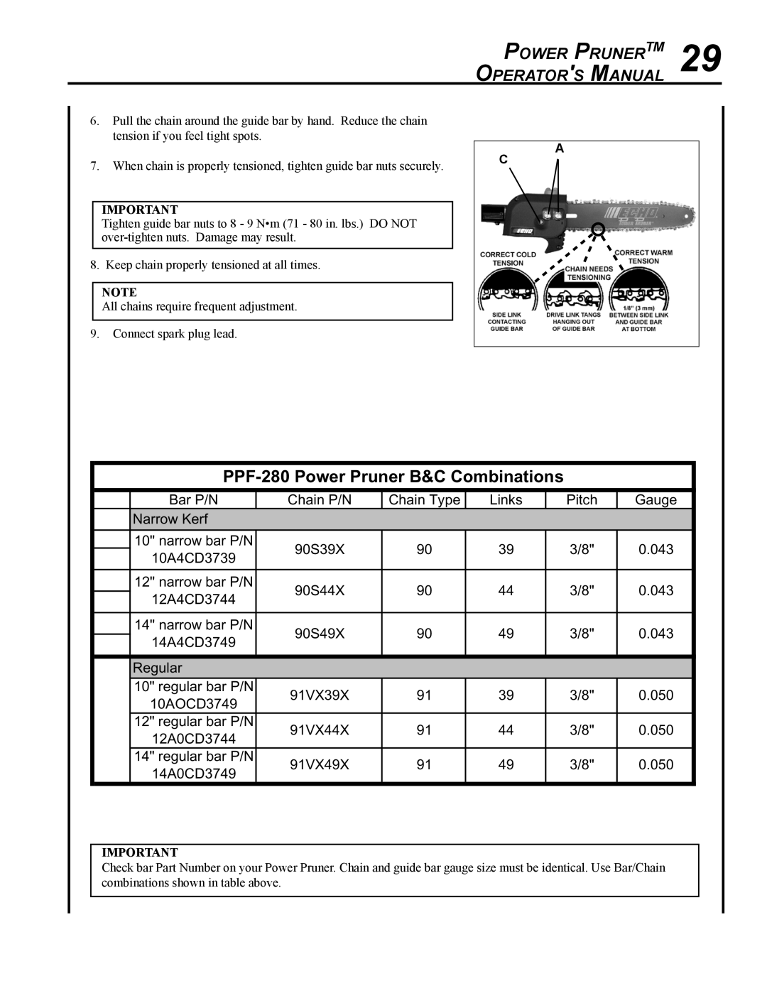 Echo manual PPF-280 Power Pruner B&C Combinations, Power PrunerTM 29 Operators Manual 