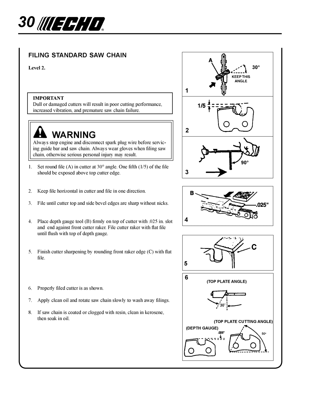 Echo PPF-280 manual Filing standard saw chain 