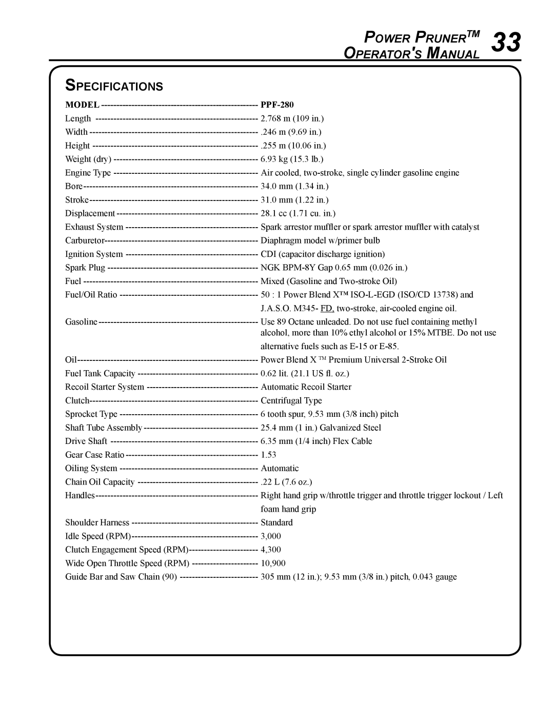 Echo manual Specifications, Model PPF-280 