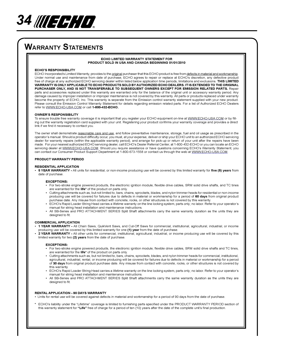 Echo PPF-280 manual Warranty Statements, Exceptions 