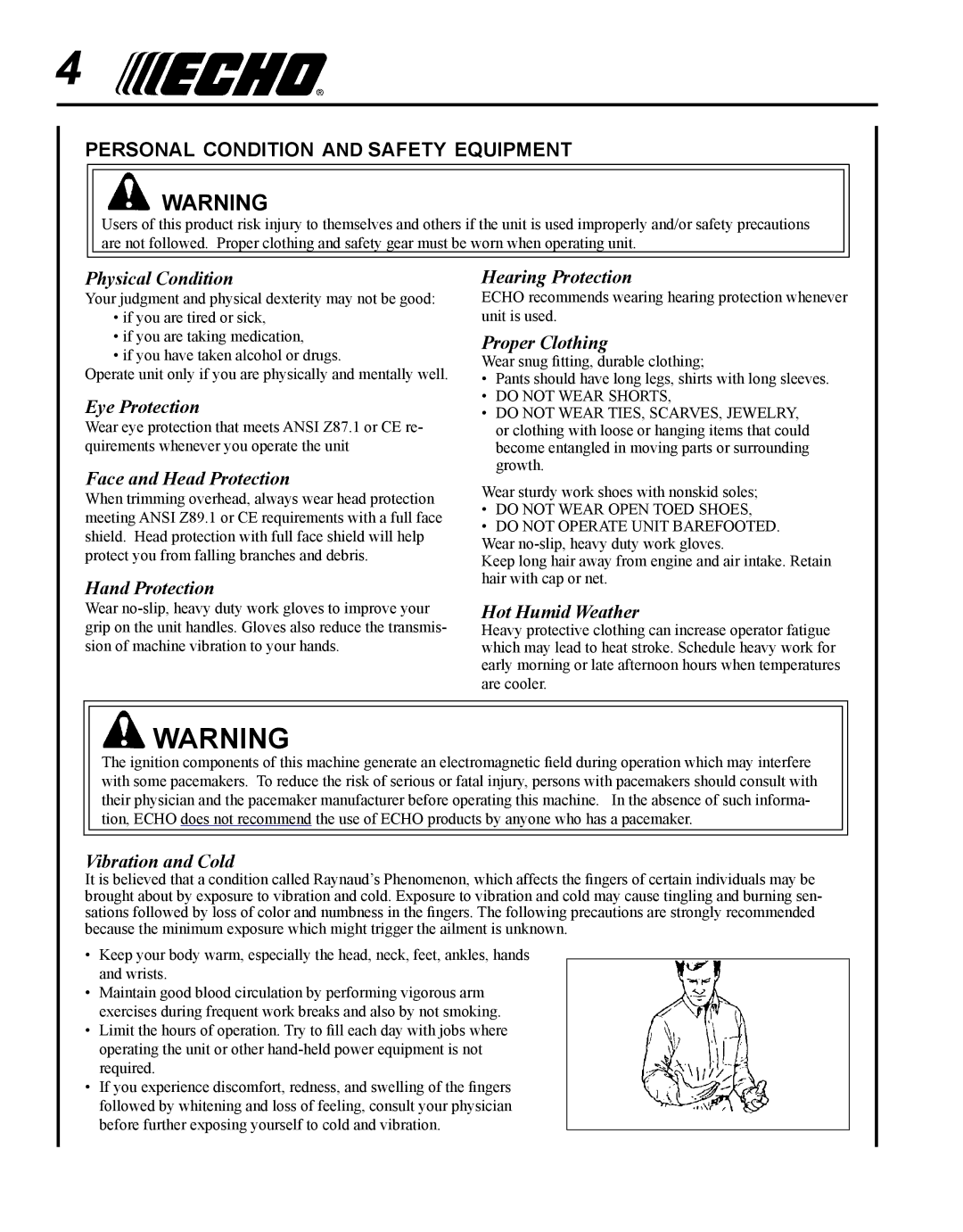 Echo PPF-280 manual Personal condition and safety equipment 