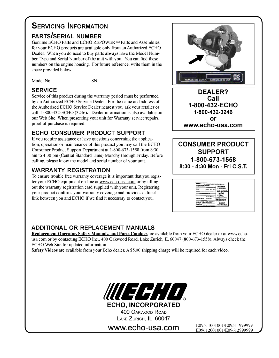 Echo PPF-280 manual Servicing Information parts/serial number, Service, Echo consumer product support 