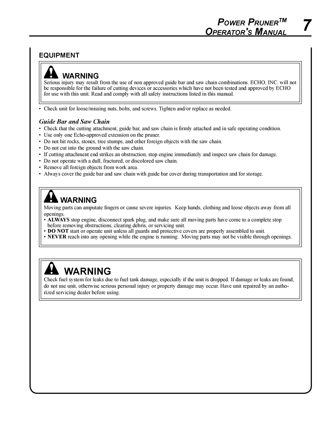 Echo PPF-280 manual Equipment, Guide Bar and Saw Chain 