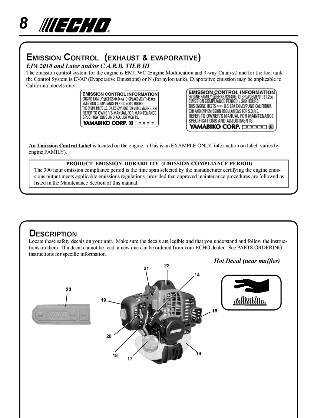 Echo PPF-280 manual Emission Control exhaust & evaporative, Description, EPA 2010 and Later and/or C.A.R.B. Tier 