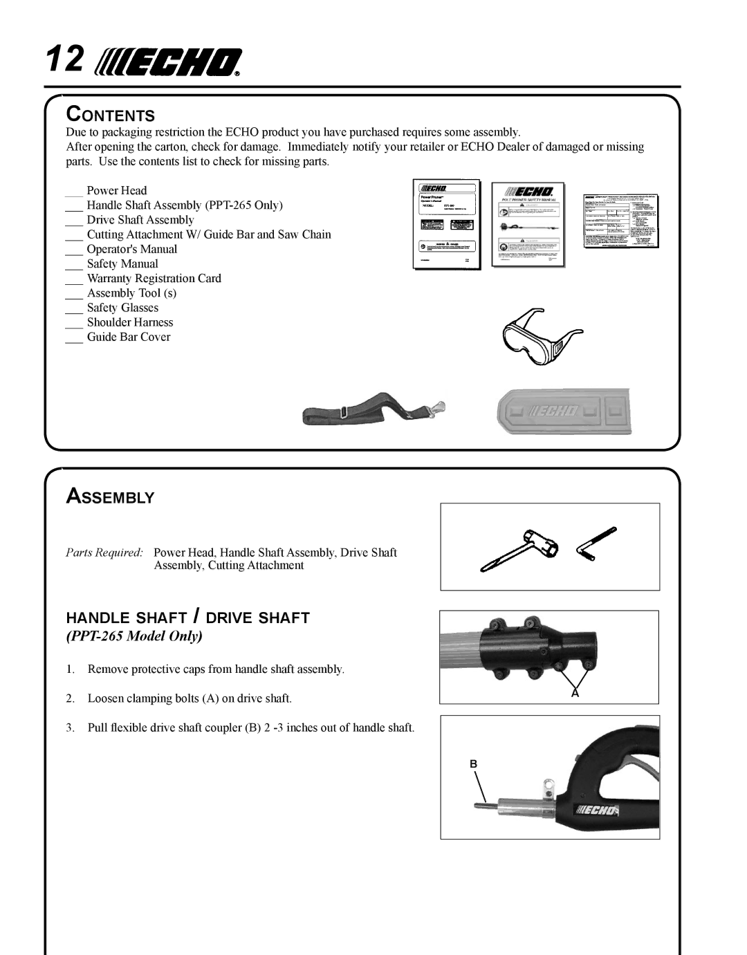 Echo PPT-265H manual Contents, Assembly, Handle shaft / drive shaft 