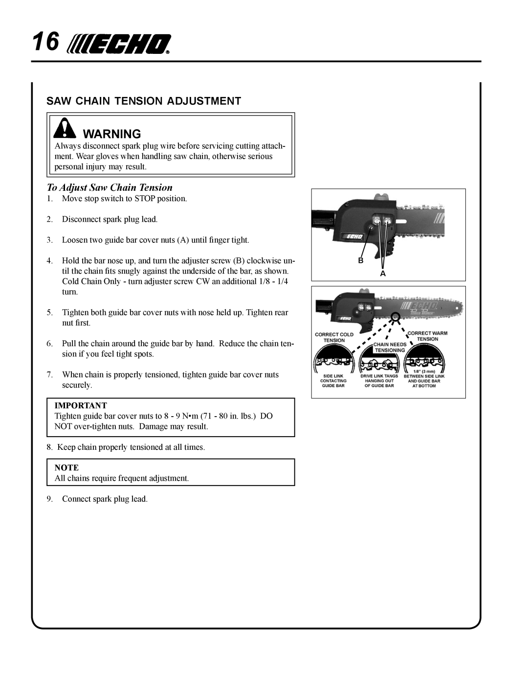 Echo PPT-265H manual Saw chain tension adjustment, To Adjust Saw Chain Tension 