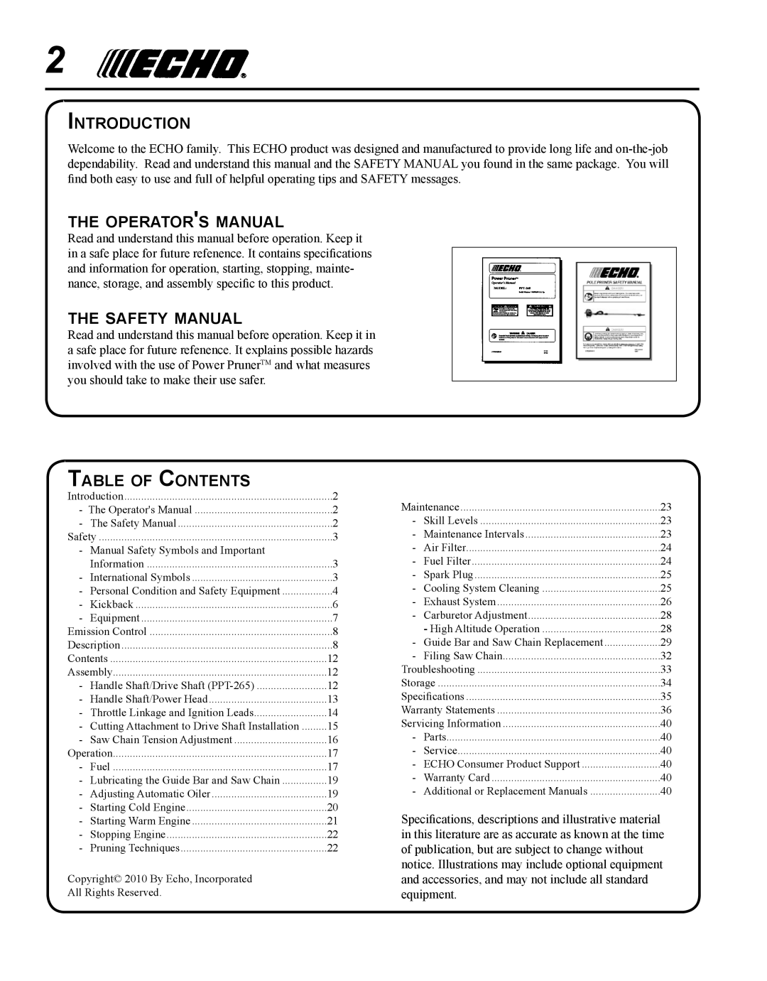 Echo PPT-265H Introduction, Operators manual, Safety manual, Table of Contents 