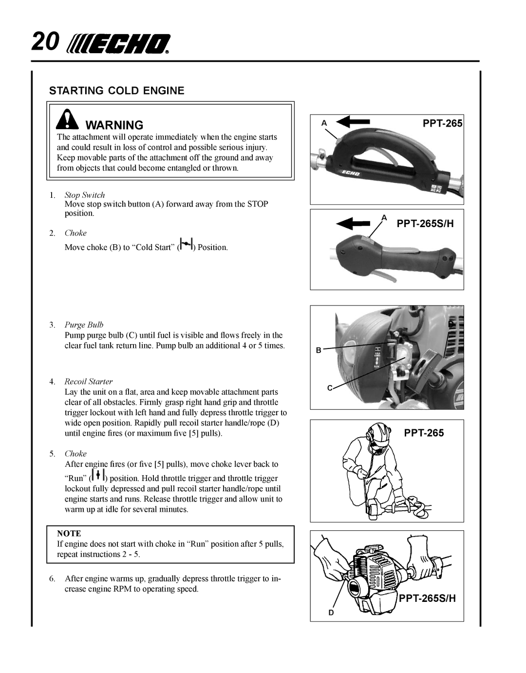 Echo PPT-265H manual Starting cold engine, APPT-265 PPT-265S/H 