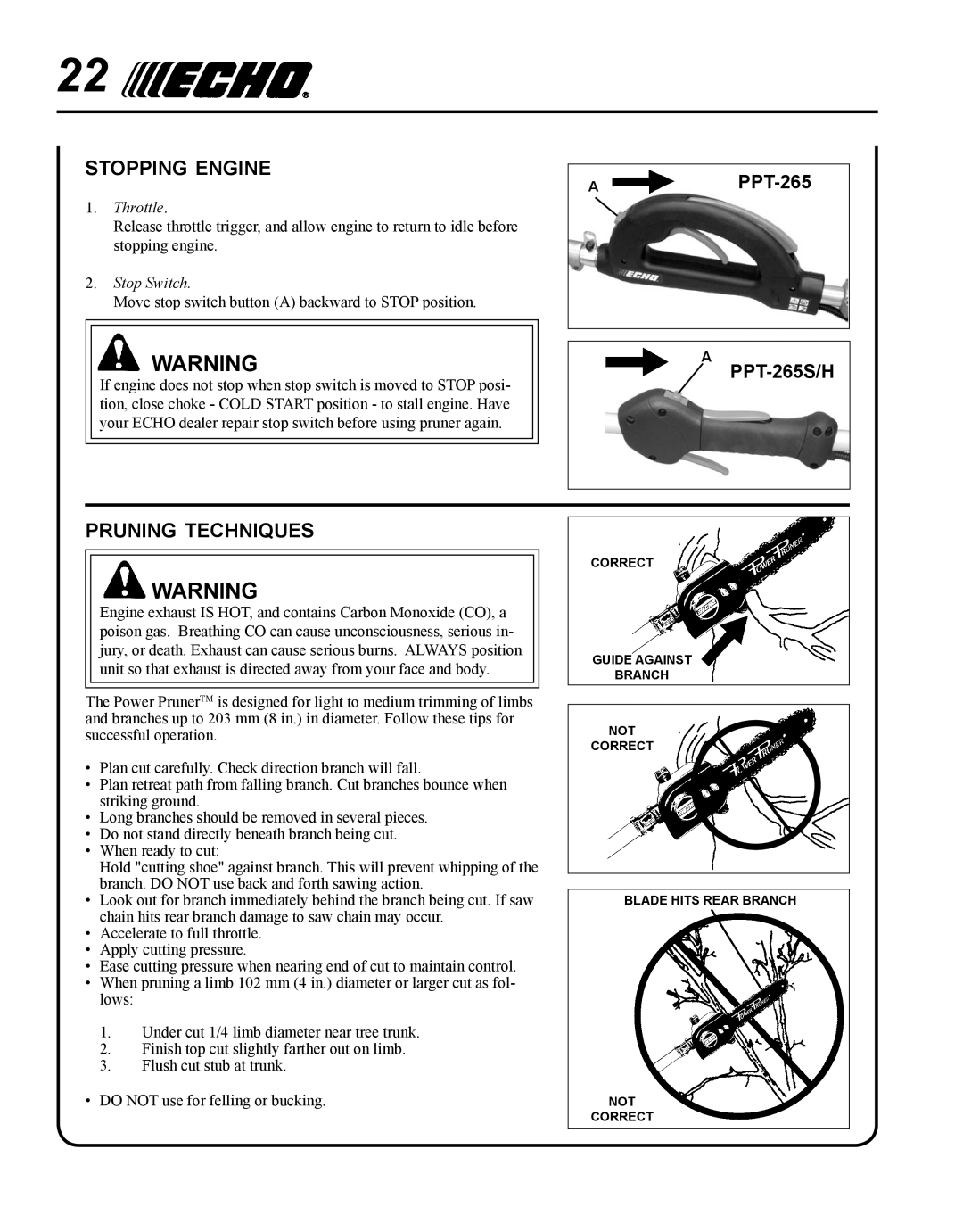 Echo PPT-265H manual Stopping engine, Pruning techniques 