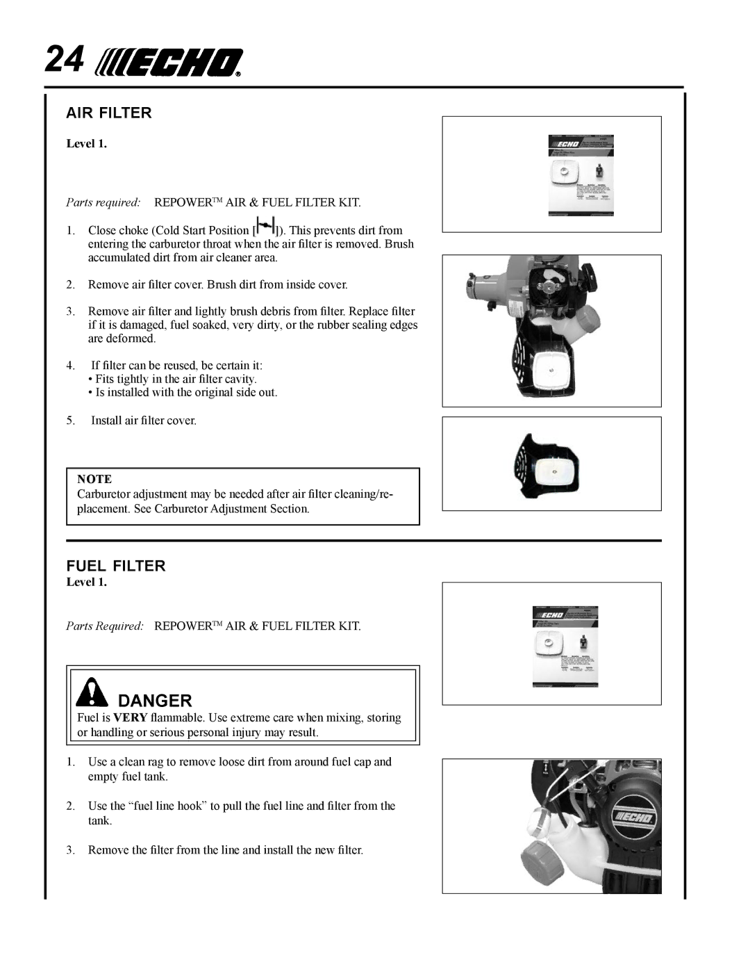 Echo PPT-265H manual Air filter, Fuel filter 