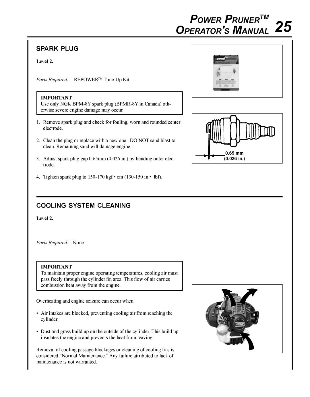 Echo PPT-265H manual Power PrunerTM 25 Operators Manual, Spark plug, Cooling system cleaning 