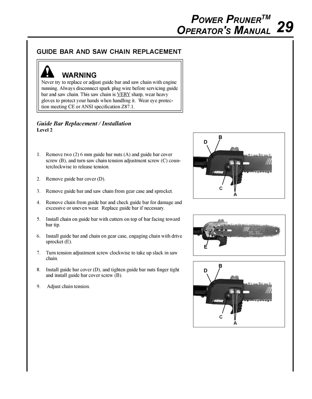 Echo PPT-265H manual Power PrunerTM 29 Operators Manual, Guide bar and saw chain replacement 