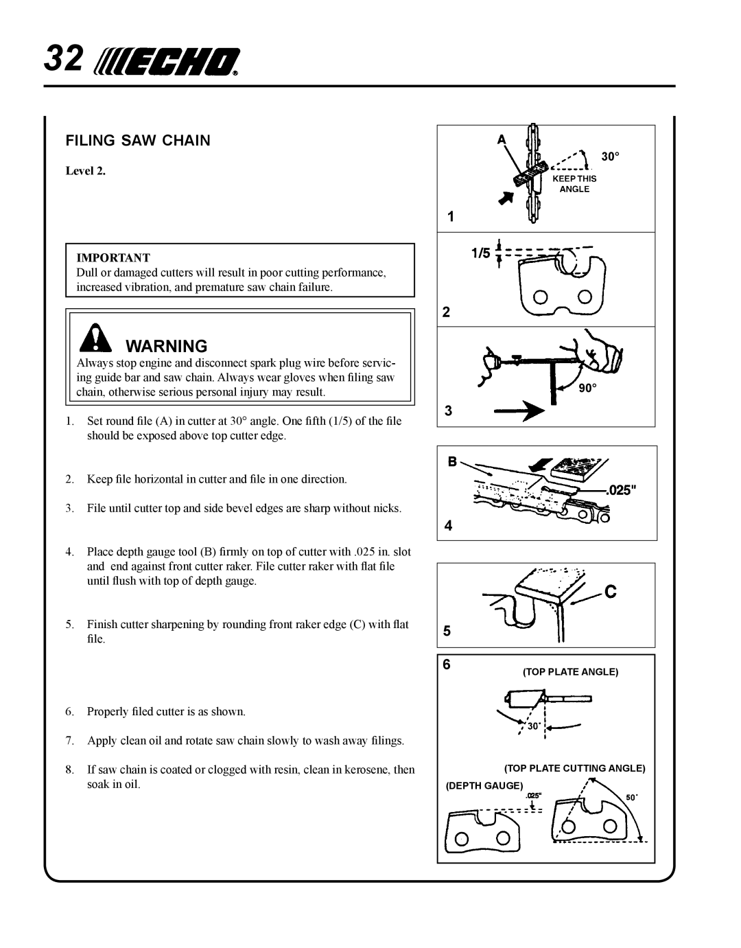 Echo PPT-265H manual Filing saw chain 