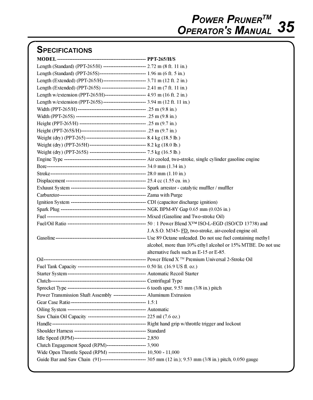 Echo PPT-265H manual Specifications, Model PPT-265/H/S 