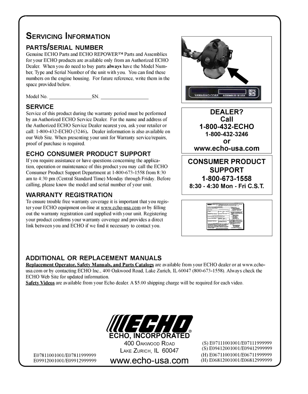 Echo PPT-265H manual Servicing Information parts/serial number, Service, Echo consumer product support 