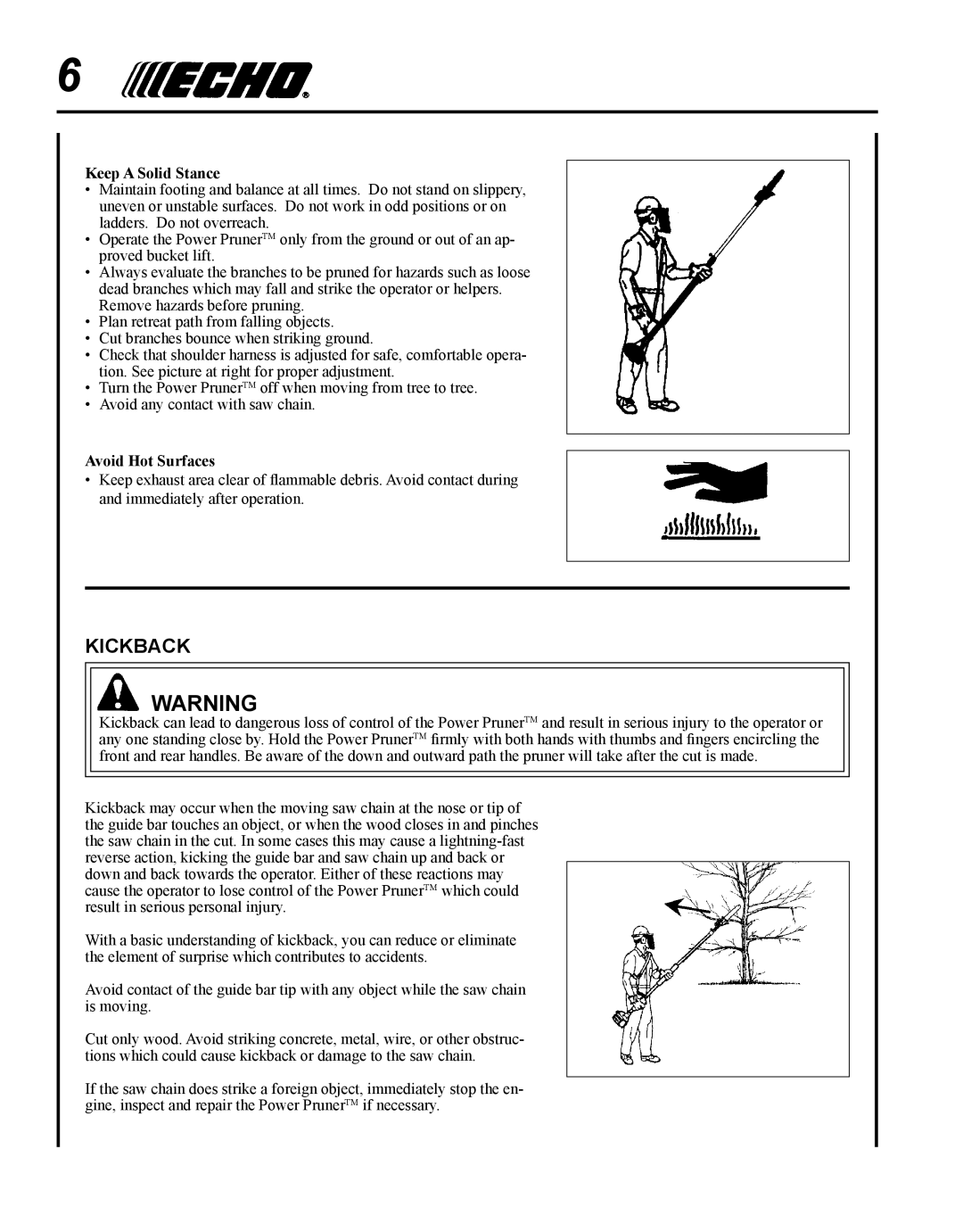 Echo PPT-265H manual Kickback, Keep a Solid Stance 