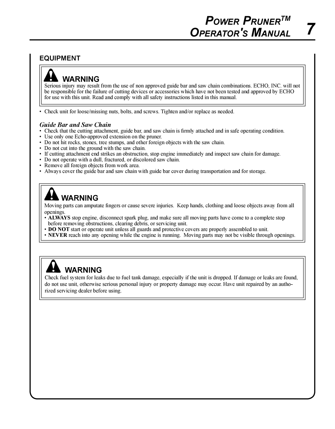 Echo PPT-265H manual Equipment, Guide Bar and Saw Chain 