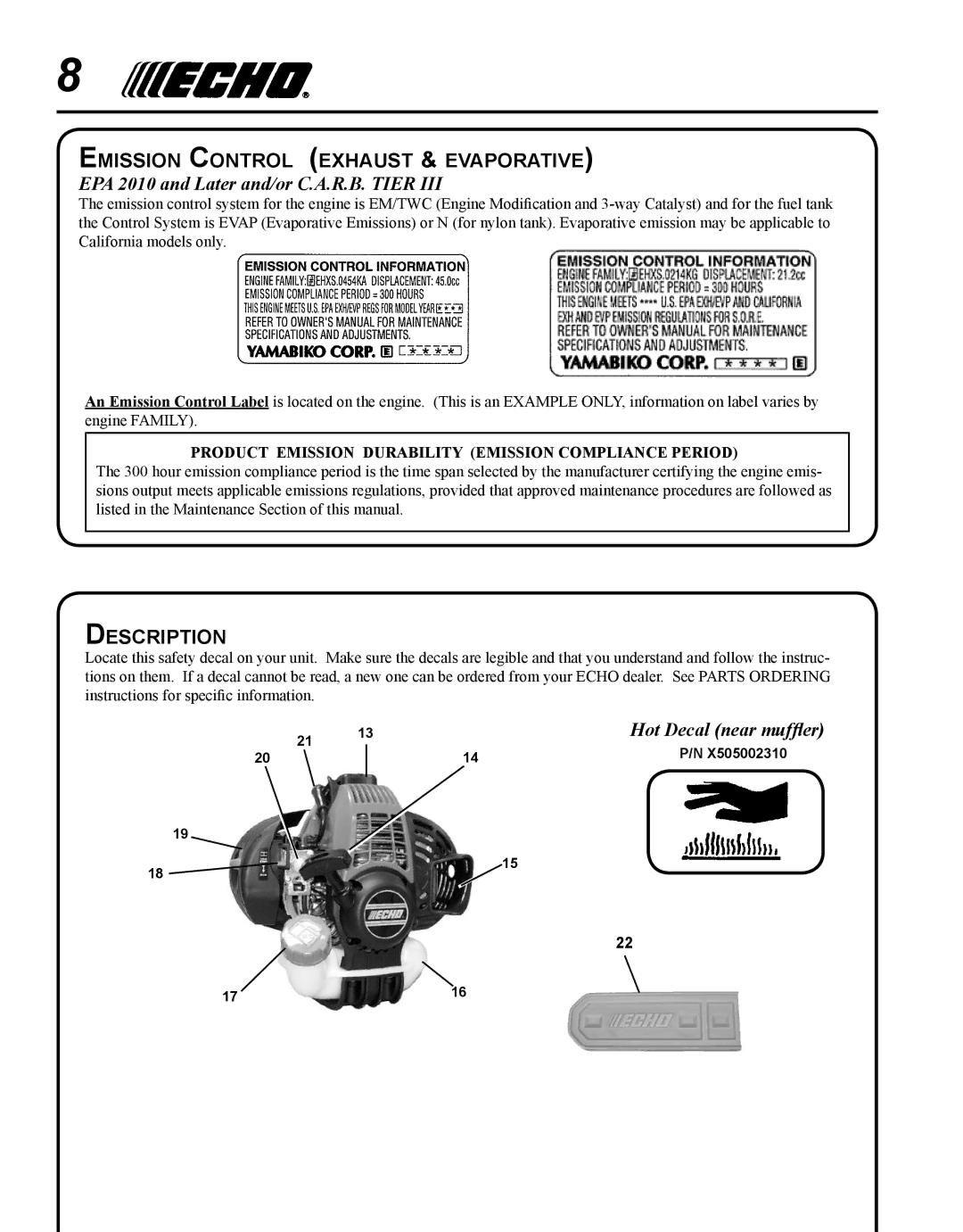 Echo PPT-265H manual Emission Control exhaust & evaporative, Description, EPA 2010 and Later and/or C.A.R.B. Tier 