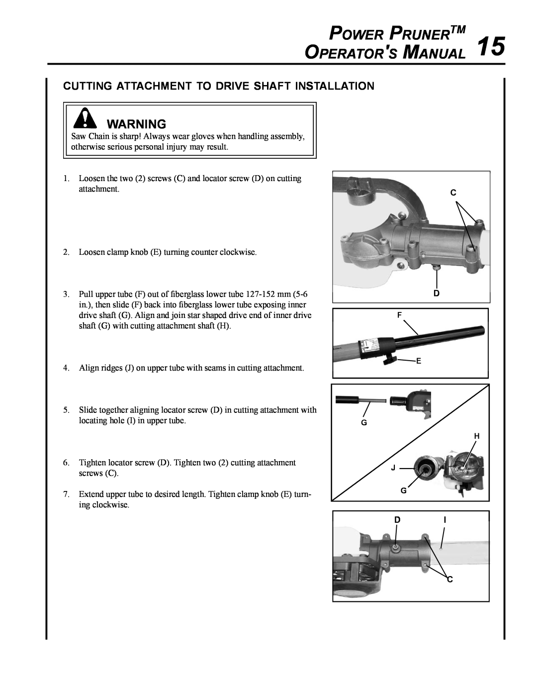 Echo PPT-265H manual cutting attachment to drive shaft installation, Power PrunerTM Operators Manual 
