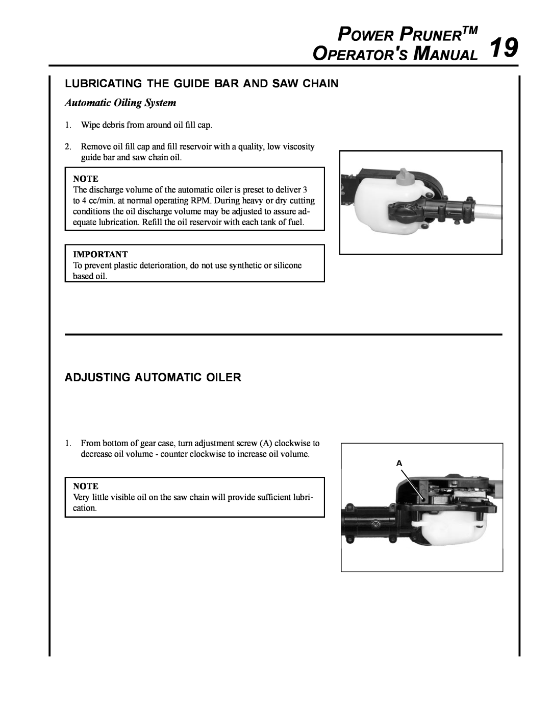 Echo PPT-265H manual lubricating the guide bar and saw chain, adjusting automatic oiler, Automatic Oiling System 