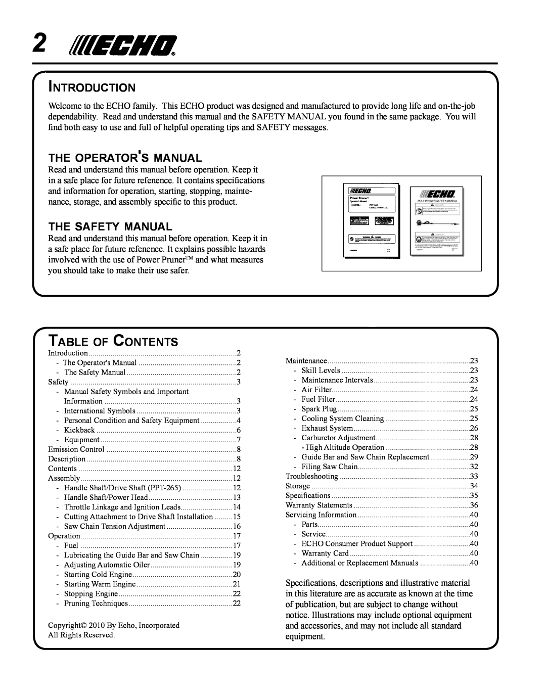 Echo PPT-265H Introduction, the operators manual, the safety manual, Table of Contents 