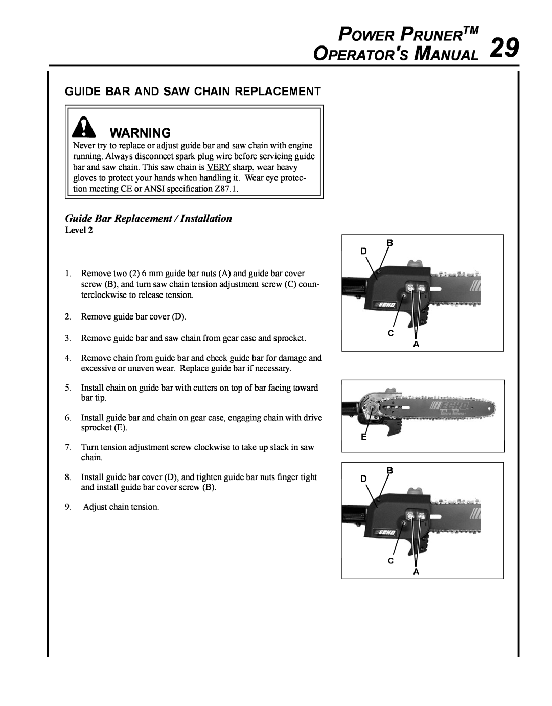 Echo PPT-265H manual Power PrunerTM 29 Operators Manual, guide bar and saw chain replacement 