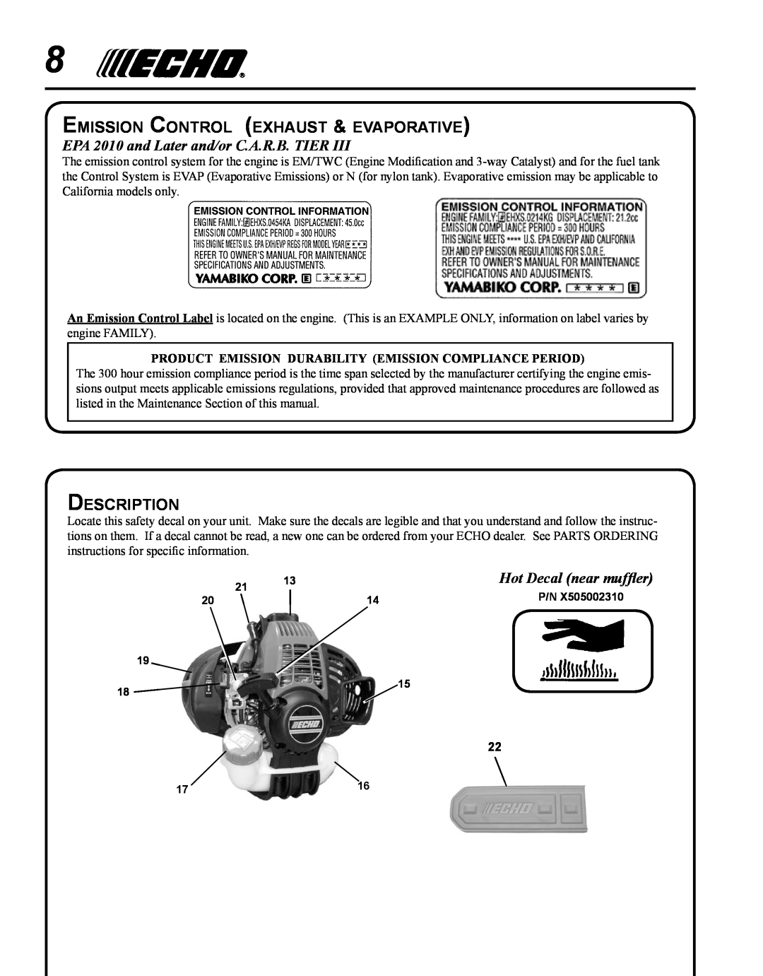 Echo PPT-265H manual Emission Control exhaust & evaporative, Description, EPA 2010 and Later and/or C.A.R.B. TIER 