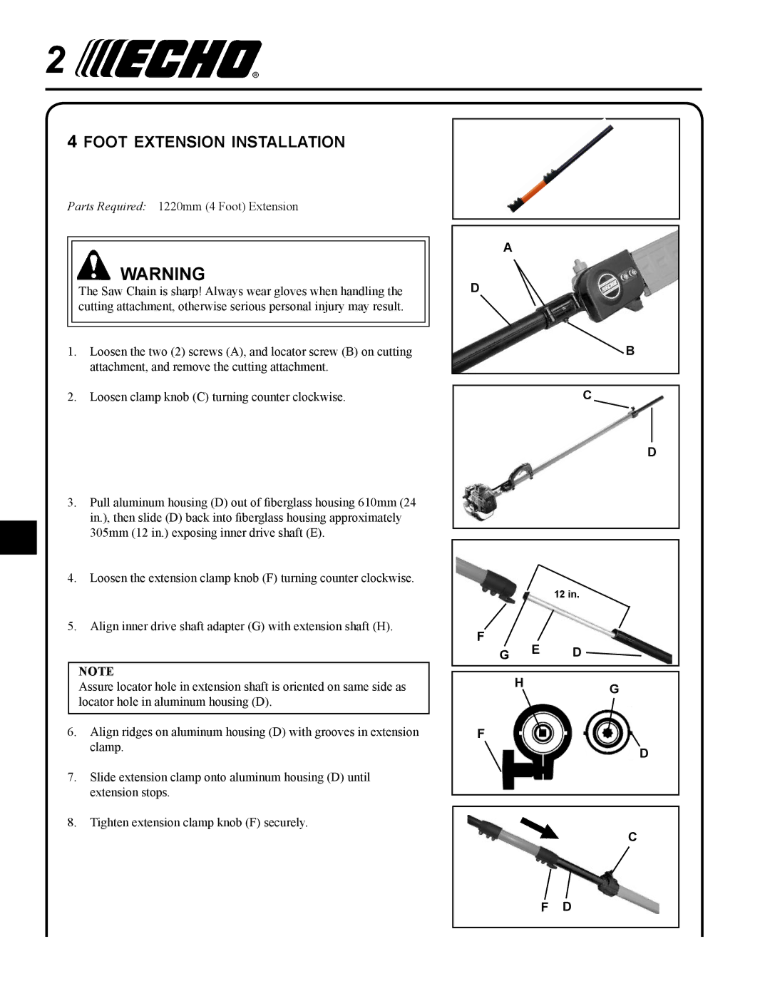 Echo PPT-265/265H/265S, PPT-280 X767000212, PPT-266/266H, PPT-2100/2400 manual Foot extension installation 