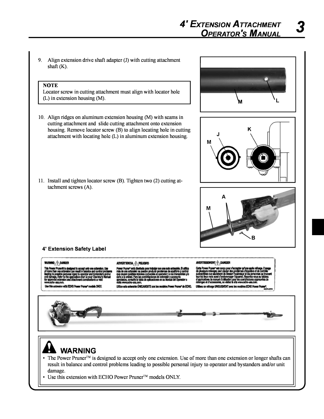 Echo PPT-2100/2400, PPT-280 X767000212, PPT-266/266H Extension Attachment, Operators Manual, Extension Safety Label, A M B 