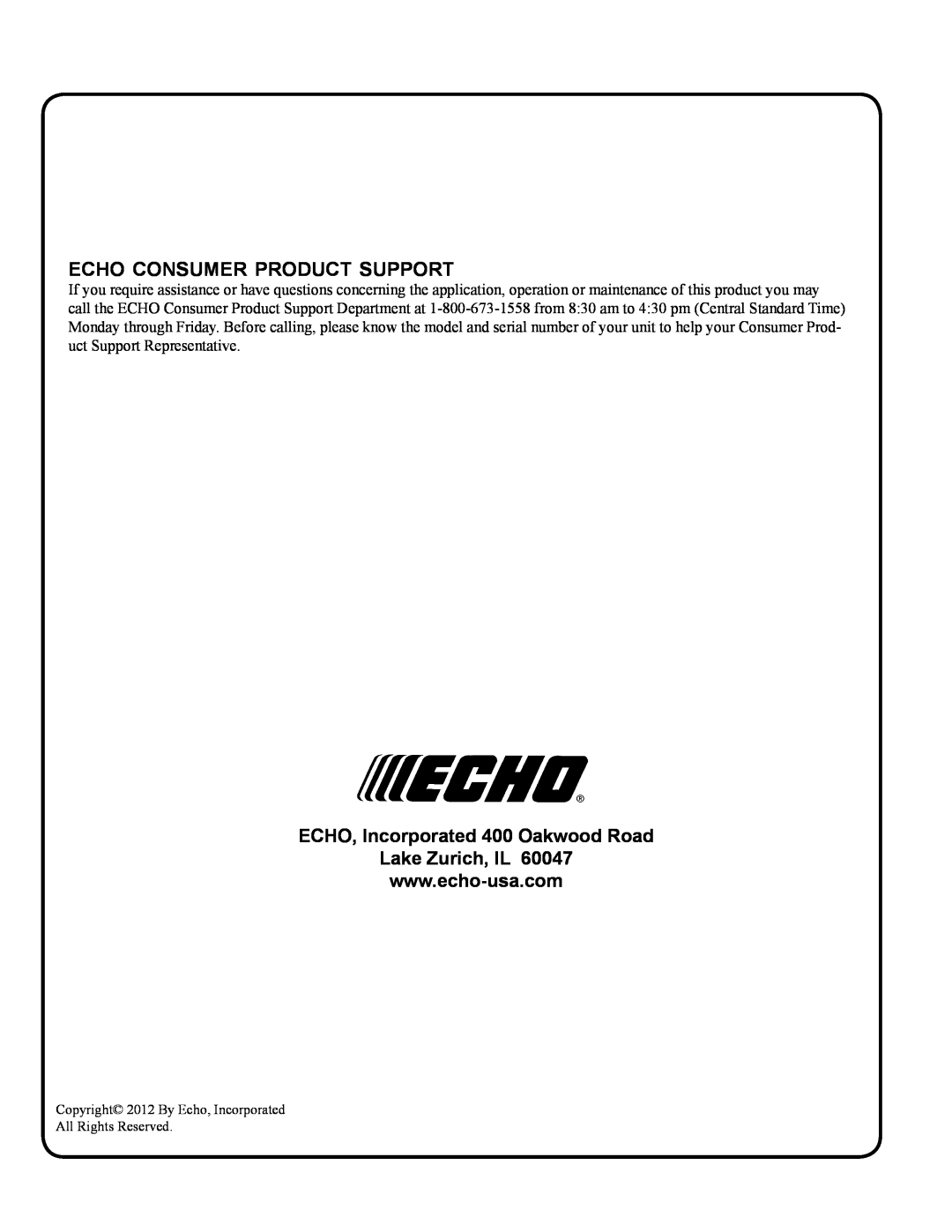 Echo PPT-280 X767000212, PPT-266/266H echo consumer product support, ECHO, Incorporated 400 Oakwood Road Lake Zurich, IL 