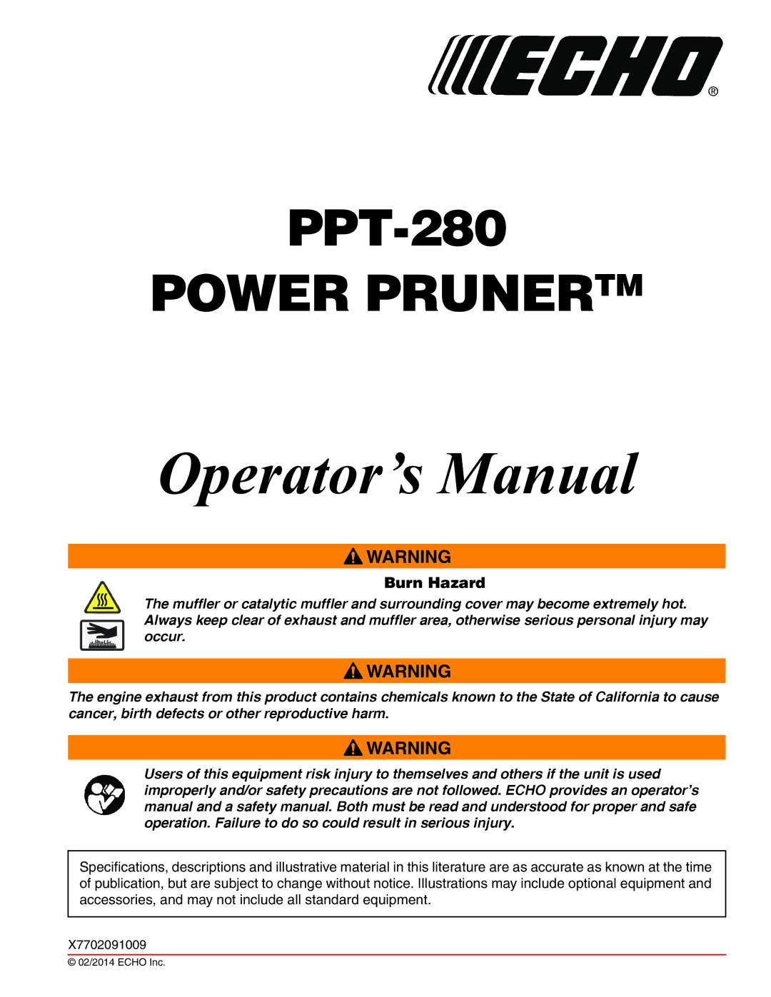 Echo PPT-280 specifications Operator’s Manual, Burn Hazard 