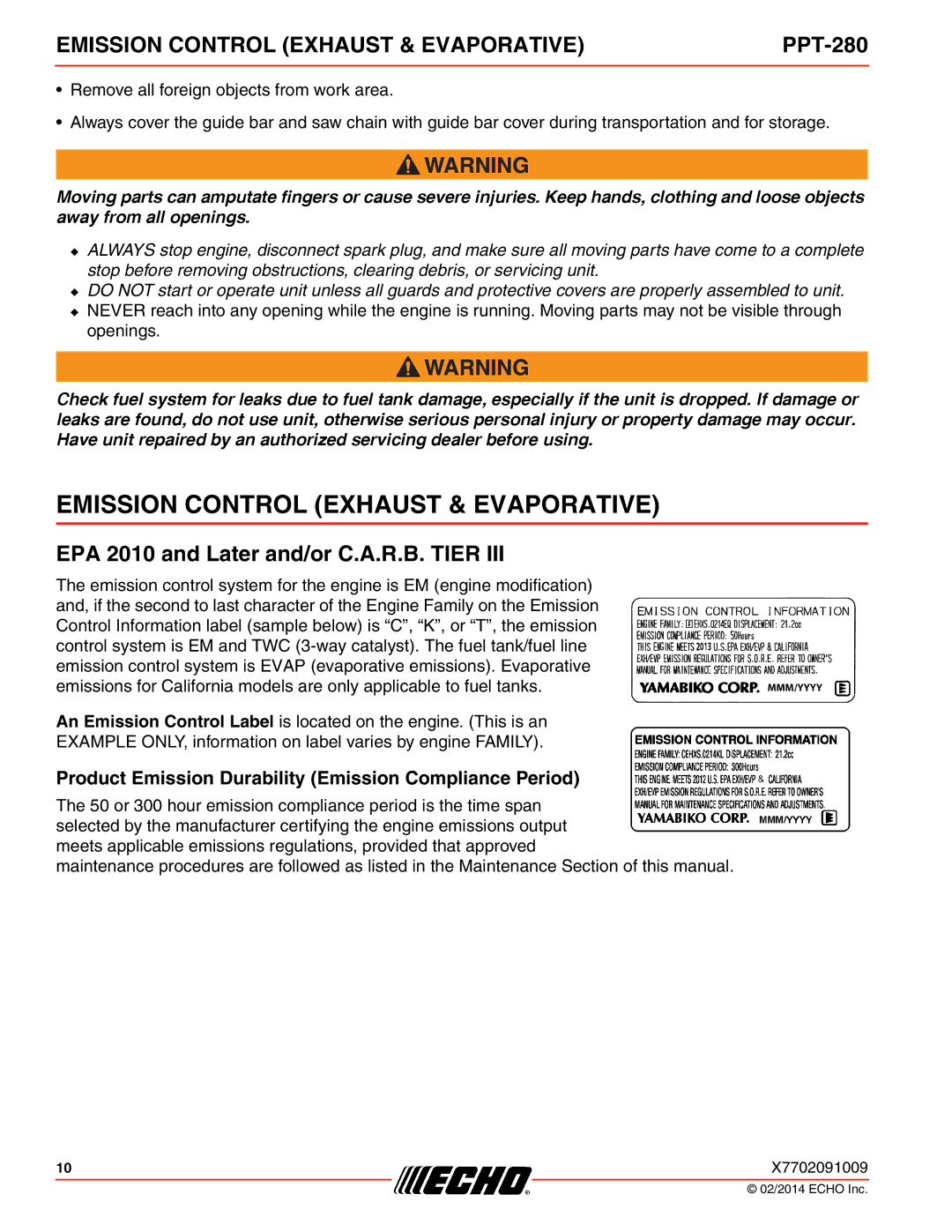 Echo PPT-280 specifications Emission Control Exhaust & Evaporative, EPA 2010 and Later and/or C.A.R.B. Tier 