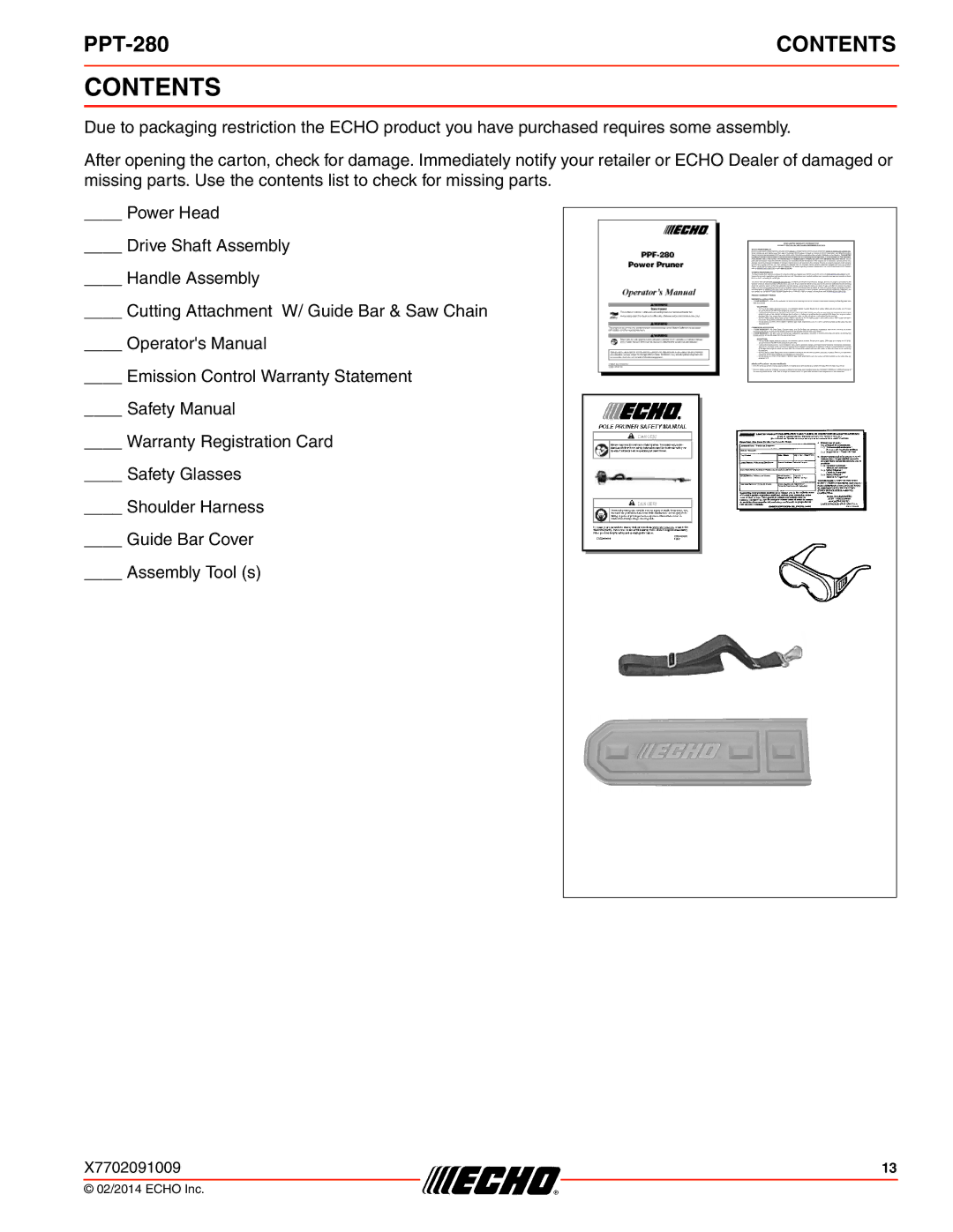 Echo PPT-280 specifications Contents 