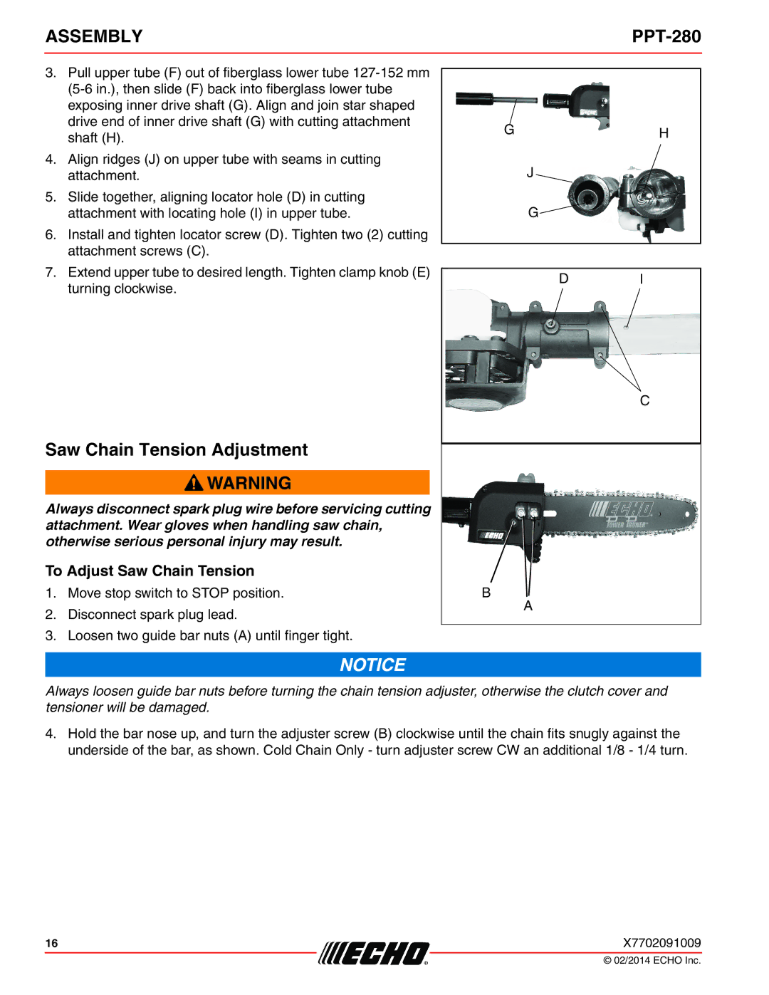 Echo PPT-280 specifications Saw Chain Tension Adjustment, To Adjust Saw Chain Tension 