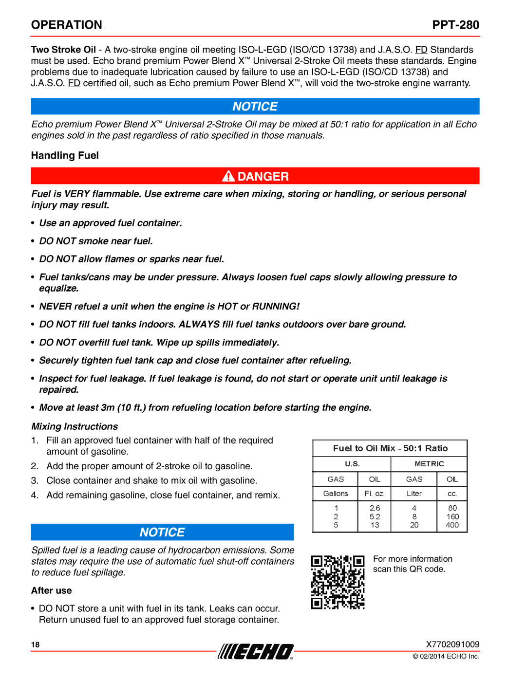 Echo PPT-280 specifications Handling Fuel, After use 