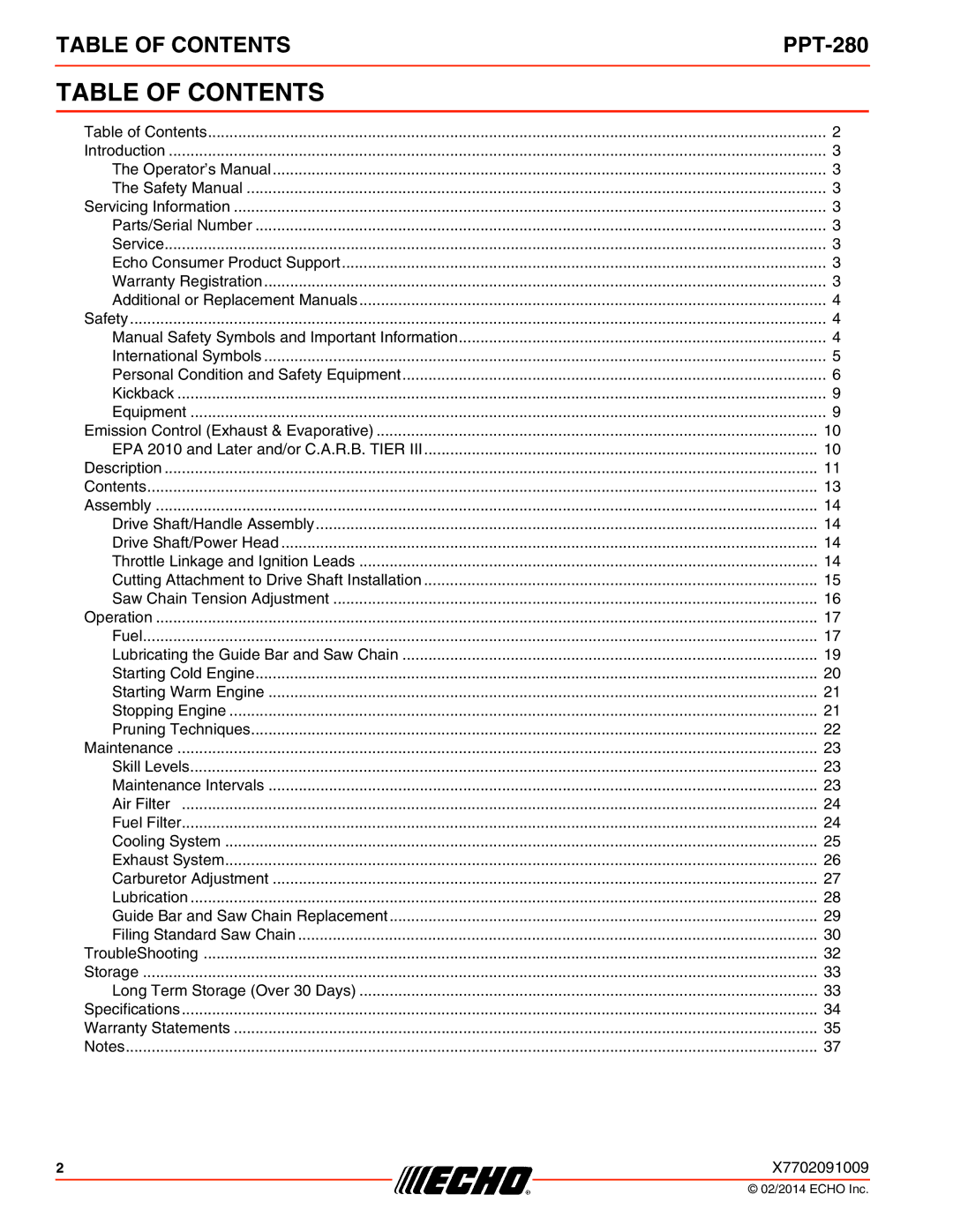 Echo PPT-280 specifications Table of Contents 