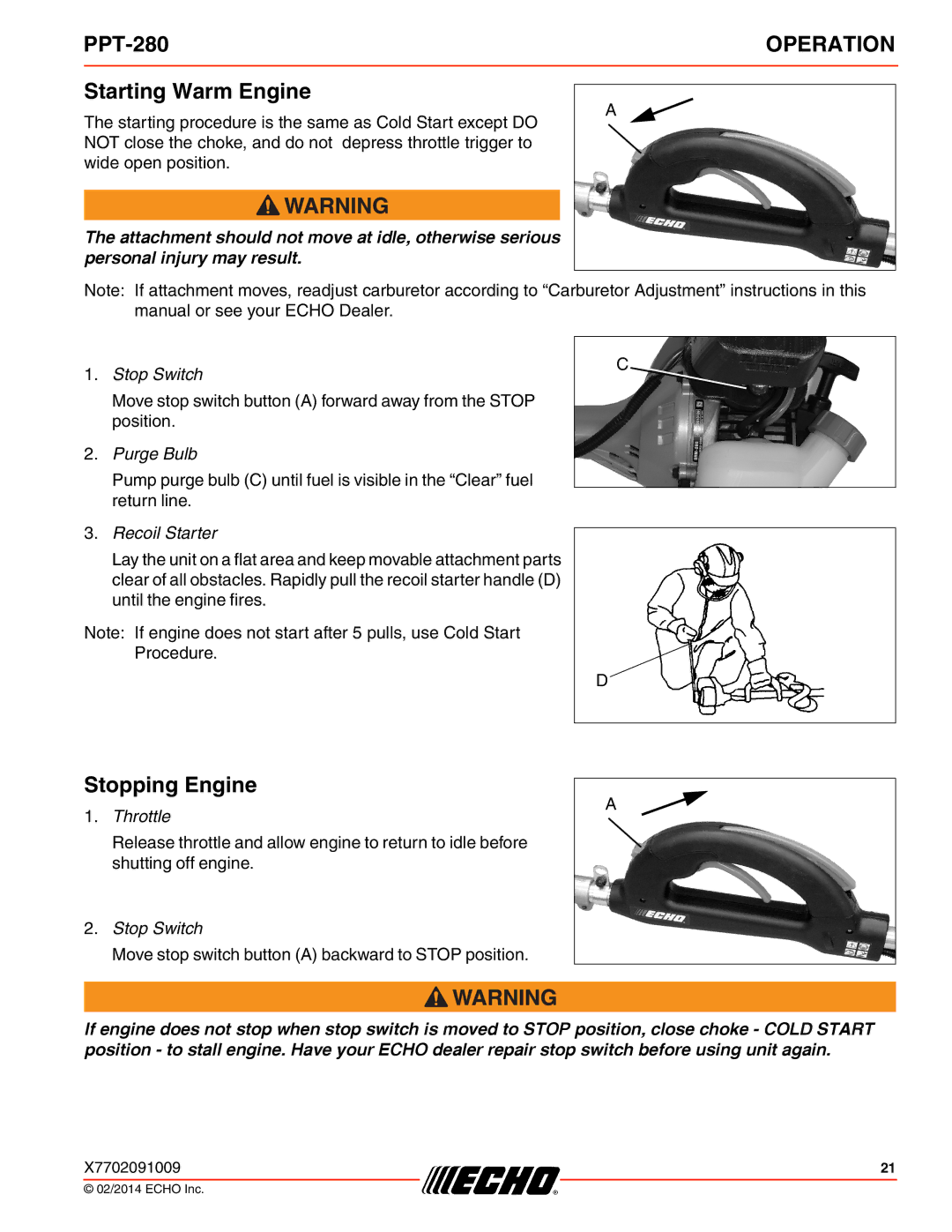 Echo PPT-280 specifications Starting Warm Engine, Stopping Engine 