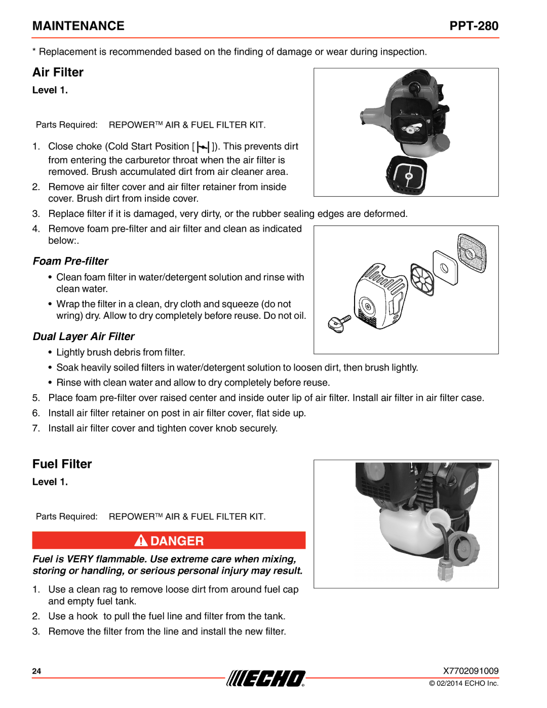 Echo PPT-280 specifications Air Filter, Fuel Filter 