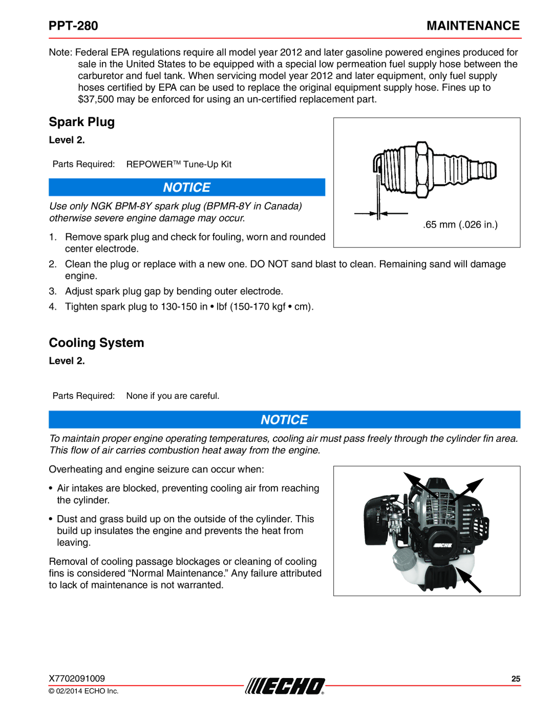 Echo PPT-280 specifications Spark Plug, Cooling System 