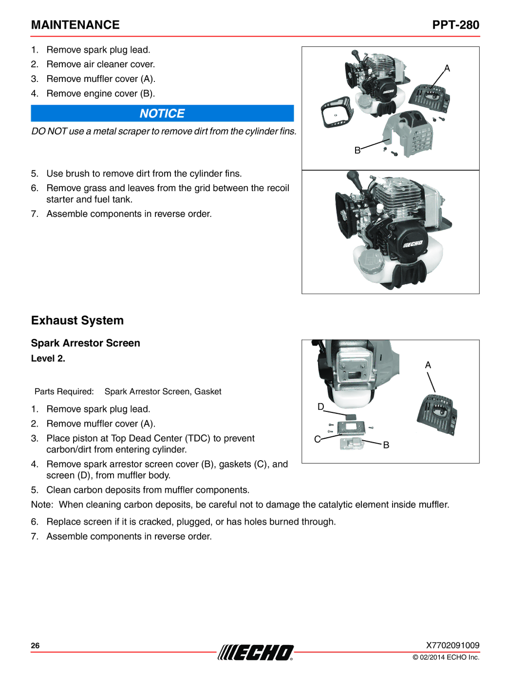 Echo PPT-280 specifications Exhaust System, Spark Arrestor Screen 