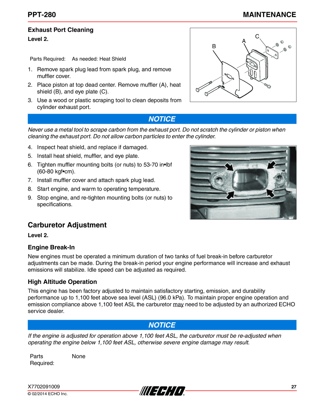 Echo PPT-280 specifications Carburetor Adjustment, Exhaust Port Cleaning, Engine Break-In, High Altitude Operation 