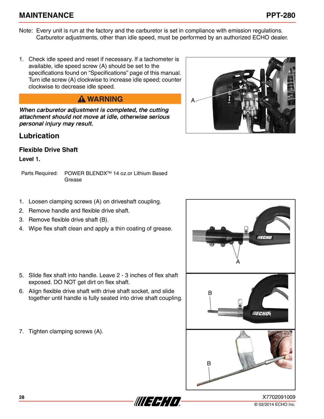 Echo specifications MAINTENANCEPPT-280, Lubrication, Flexible Drive Shaft 