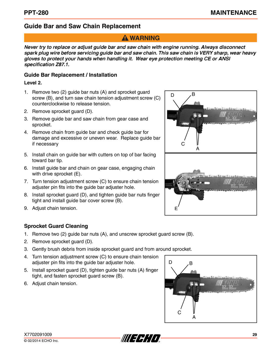 Echo PPT-280 Guide Bar and Saw Chain Replacement, Guide Bar Replacement / Installation, Sprocket Guard Cleaning 